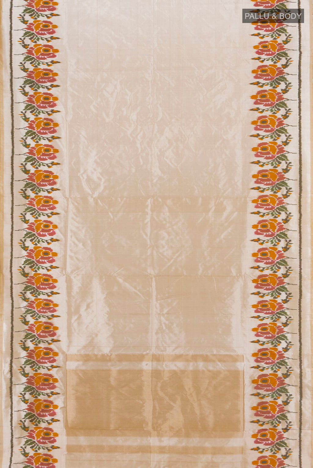 Flat view of Cream Pochampally Silk Saree with Plain Body and Fancy Border. 