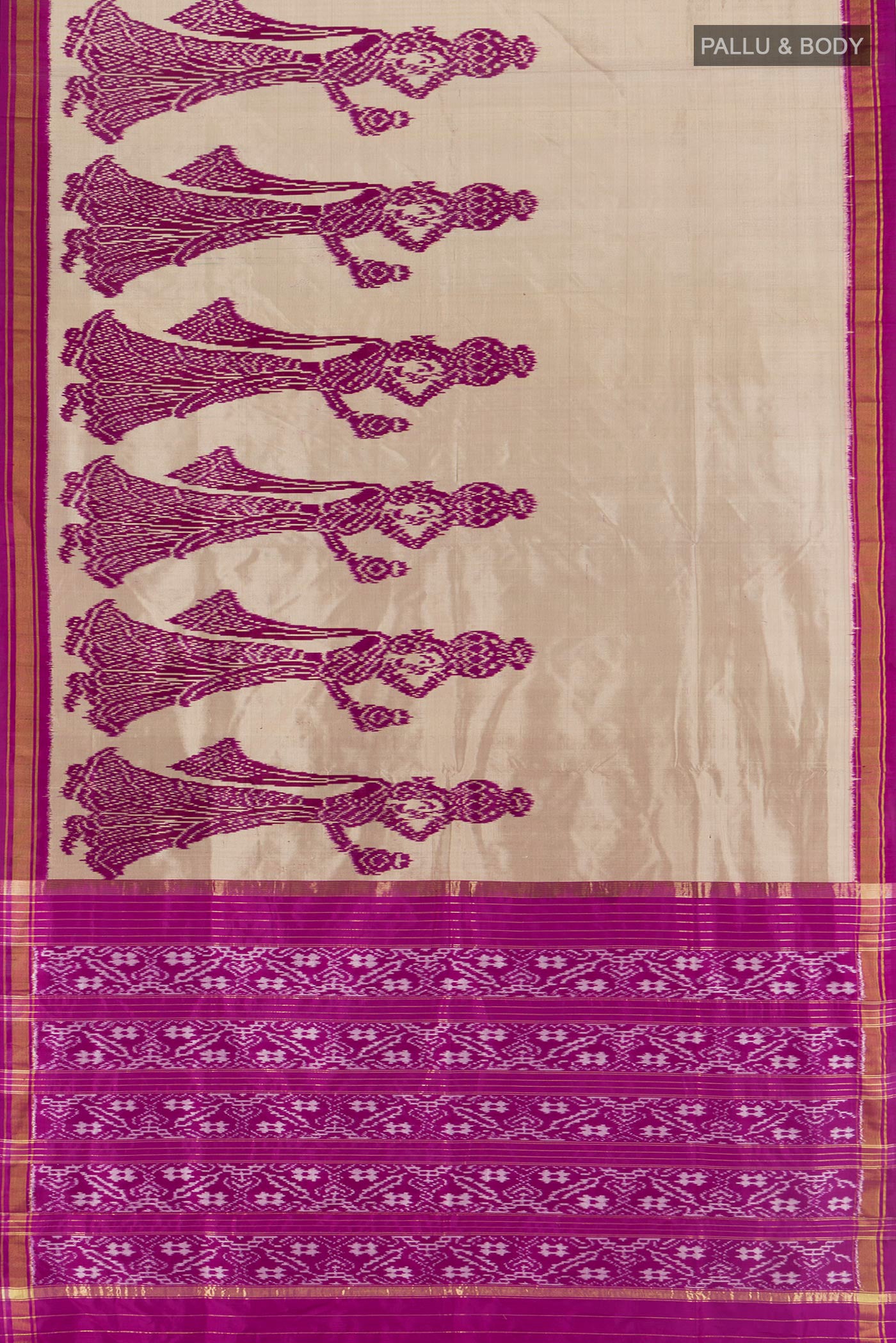Flat view of Grey Pochampally Silk Saree with Pure Ikat on the body and Ikat Border. 