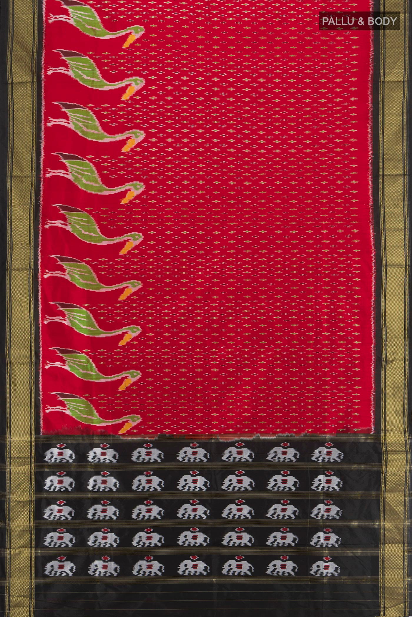 Flat view of Red Pochampally Silk Saree with Ikat design on the body and Zari Border. 