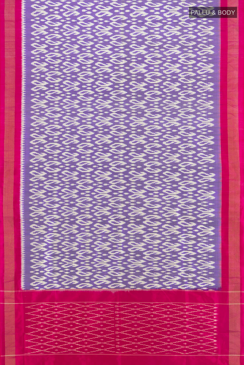 Flat view of Lavender Pochampally Silk Saree with Pure Ikat on the body and Zari Border. 
