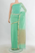 Sea Green Maheshwari Cotton Saree with Plain Body and Zari Border.  displayed on a mannequin