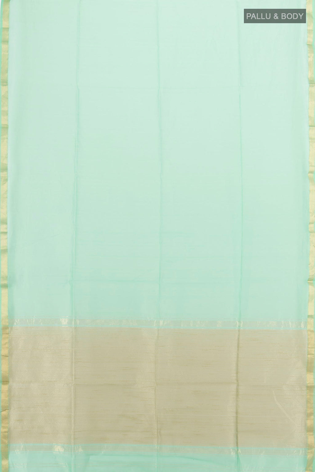 Flat view of Sea Green Maheshwari Cotton Saree with Plain Body and Zari Border. 