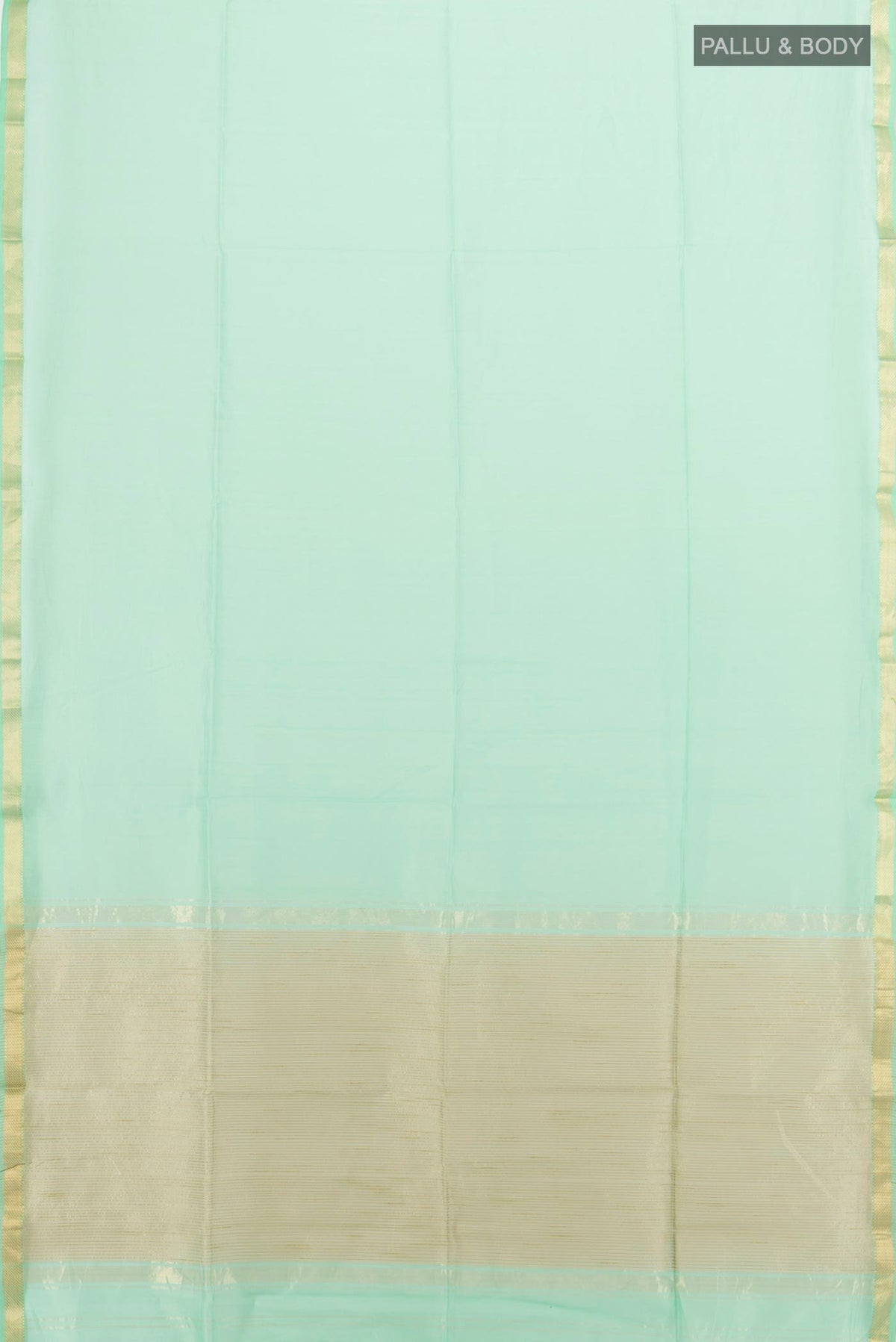 Flat view of Sea Green Maheshwari Cotton Saree with Plain Body and Zari Border. 