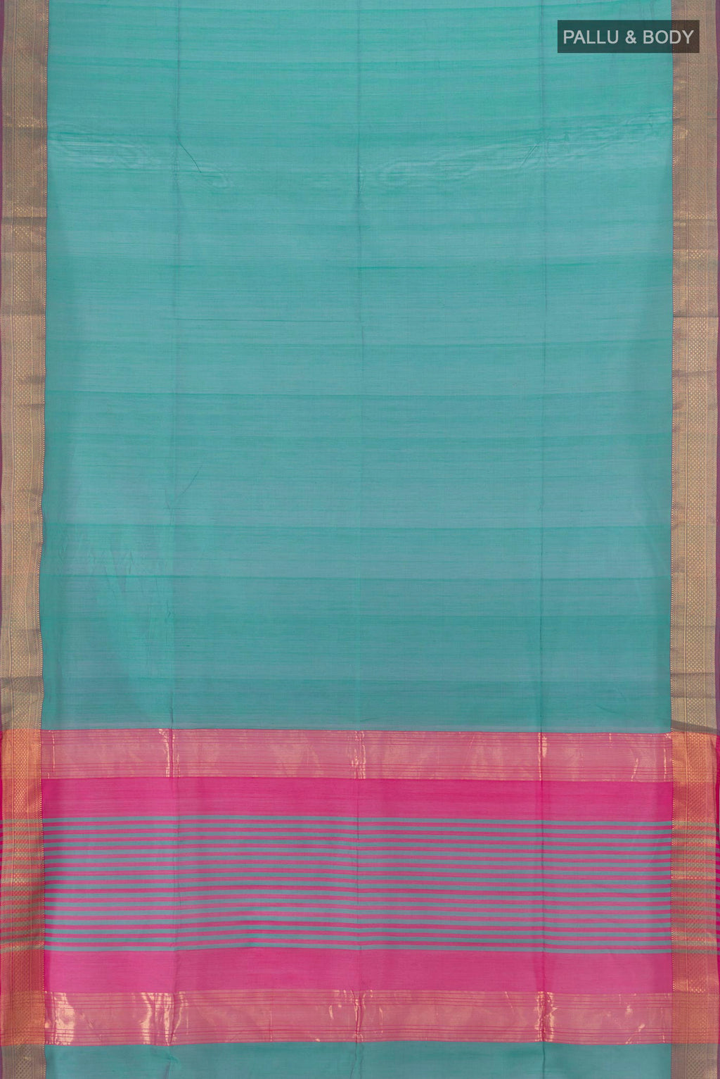 Flat view of Turquoise Maheshwari Cotton Saree with Plain Body and Zari Border. 