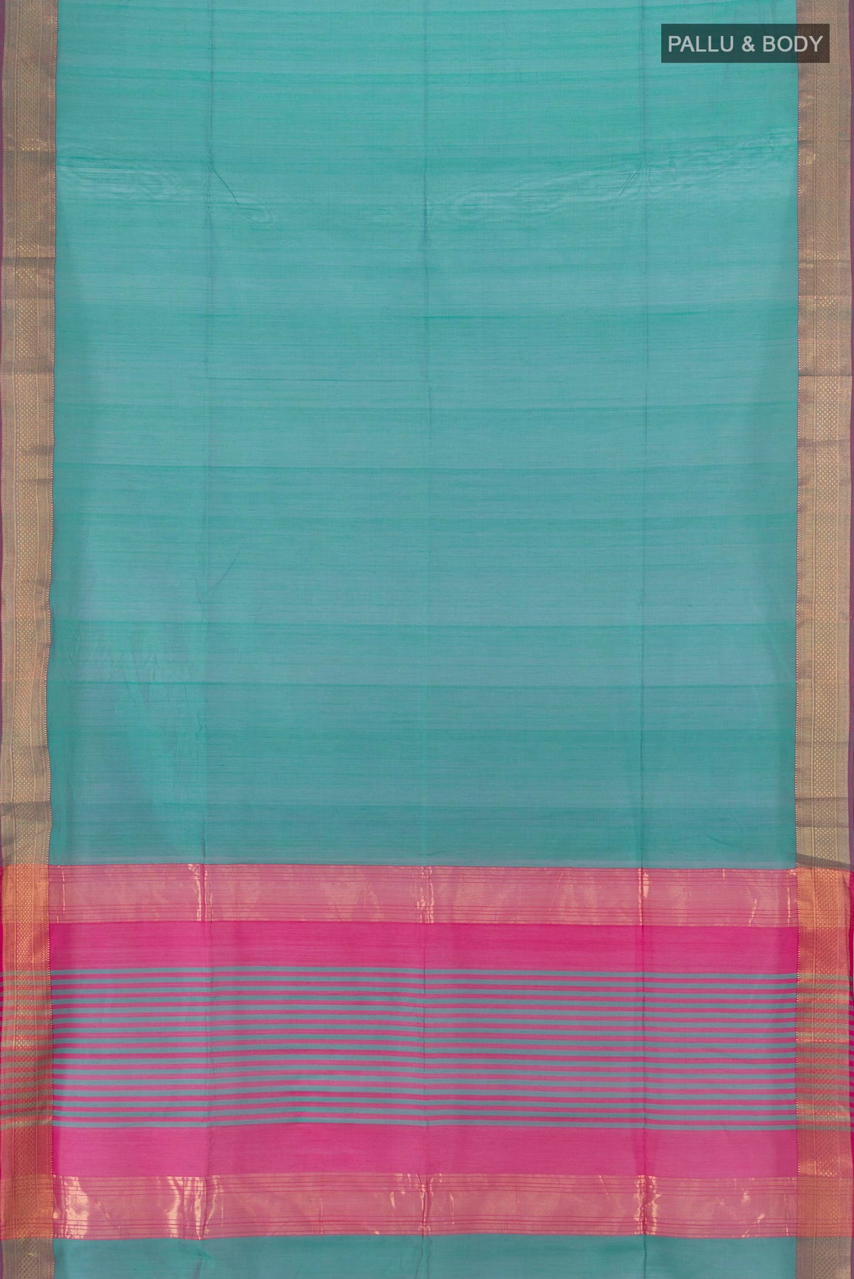 Flat view of Turquoise Maheshwari Cotton Saree with Plain Body and Zari Border. 