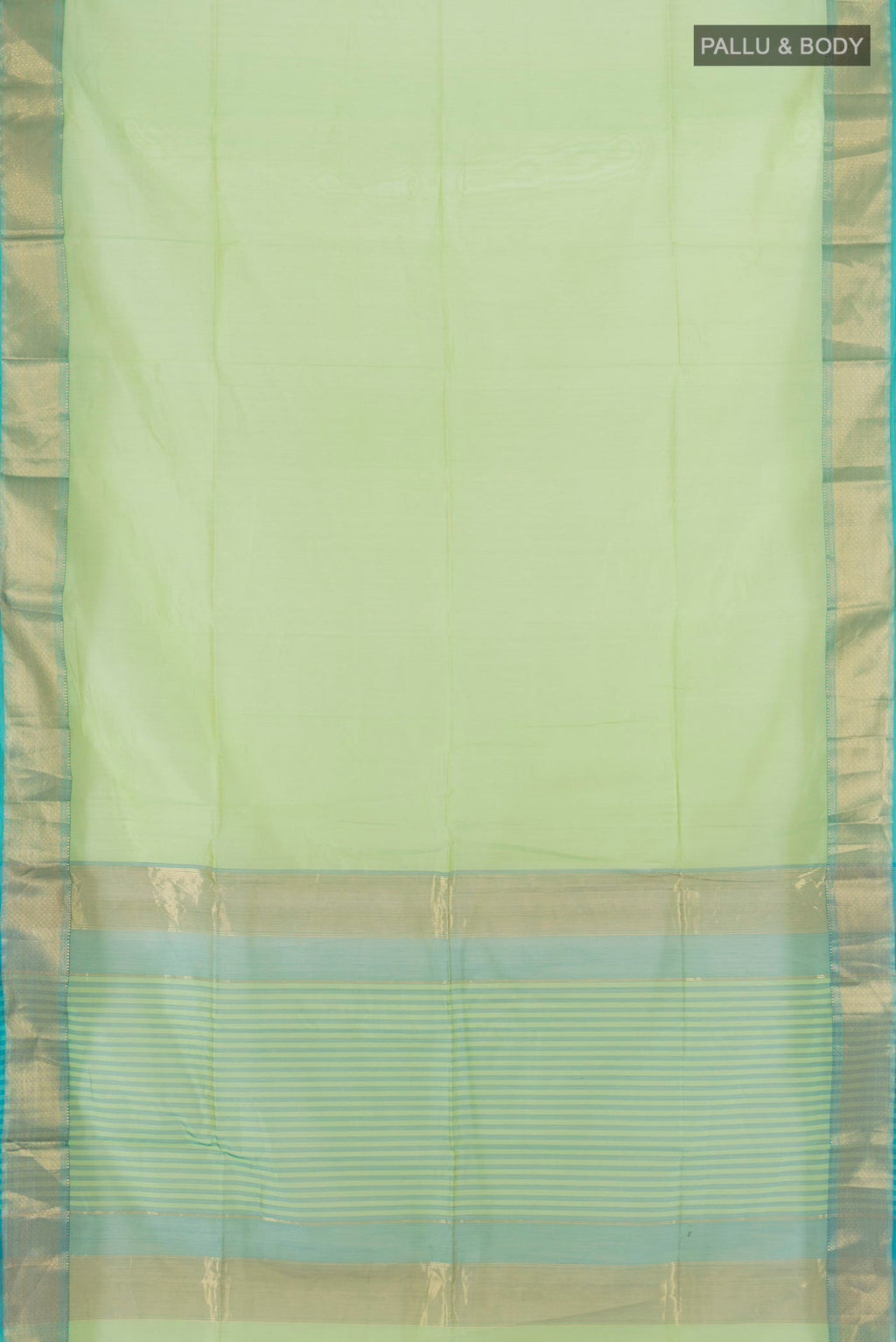 Flat view of Light Green Maheshwari Cotton Saree with Plain Body and Zari Border. 