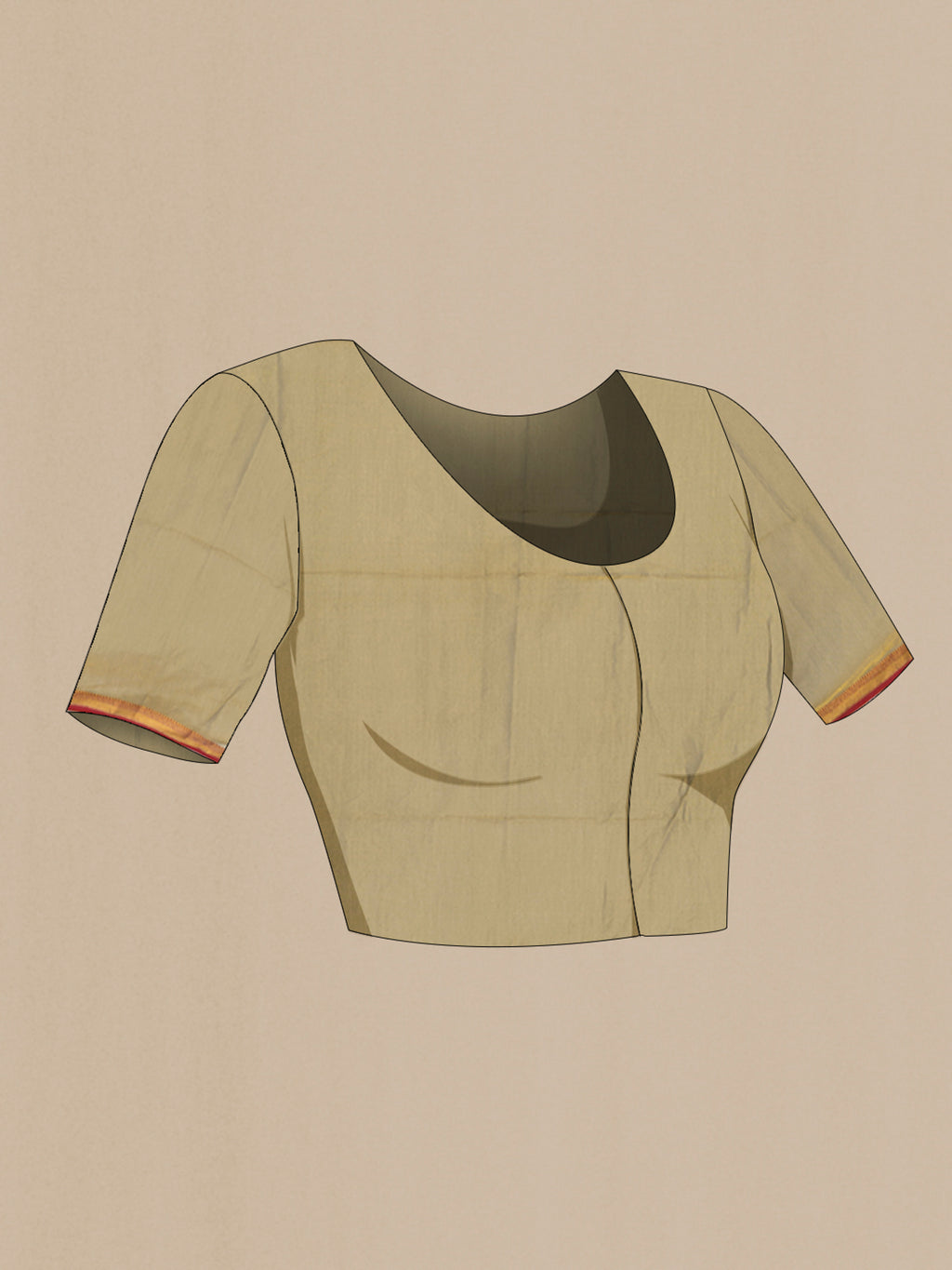 Close up image of the blouse of Golden Maheshwari Silk Cotton Saree with Zari Butta on the body and Silk Border. 