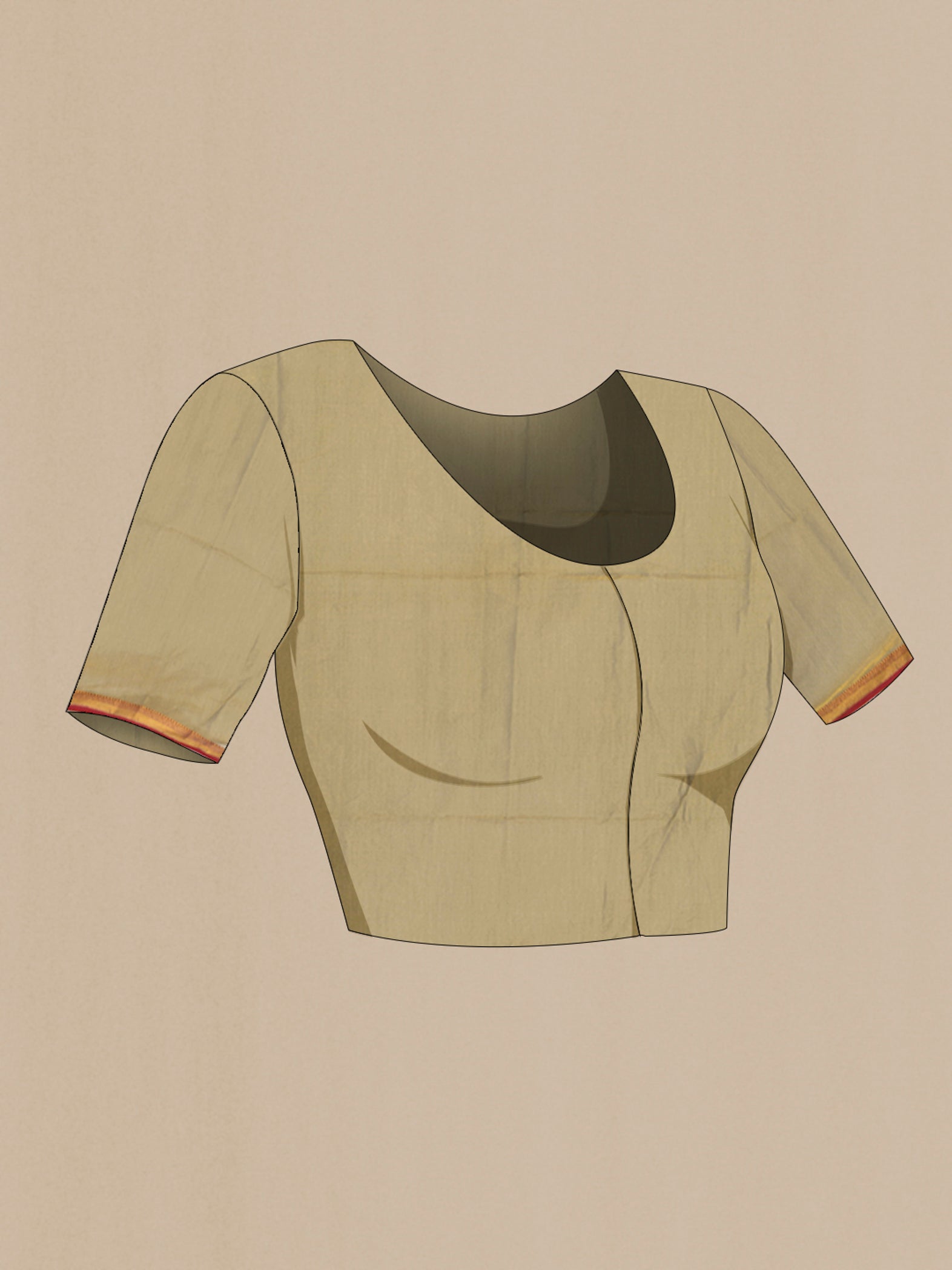 Close up image of the blouse of Golden Maheshwari Silk Cotton Saree with Zari Butta on the body and Silk Border. 