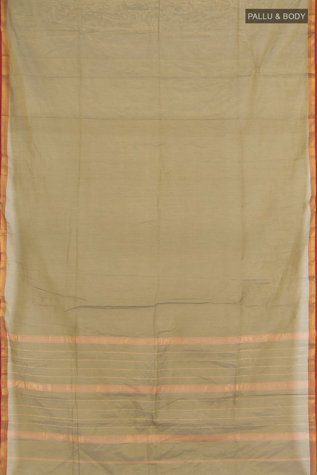 Flat view of Golden Maheshwari Silk Cotton Saree with Zari Butta on the body and Silk Border. 