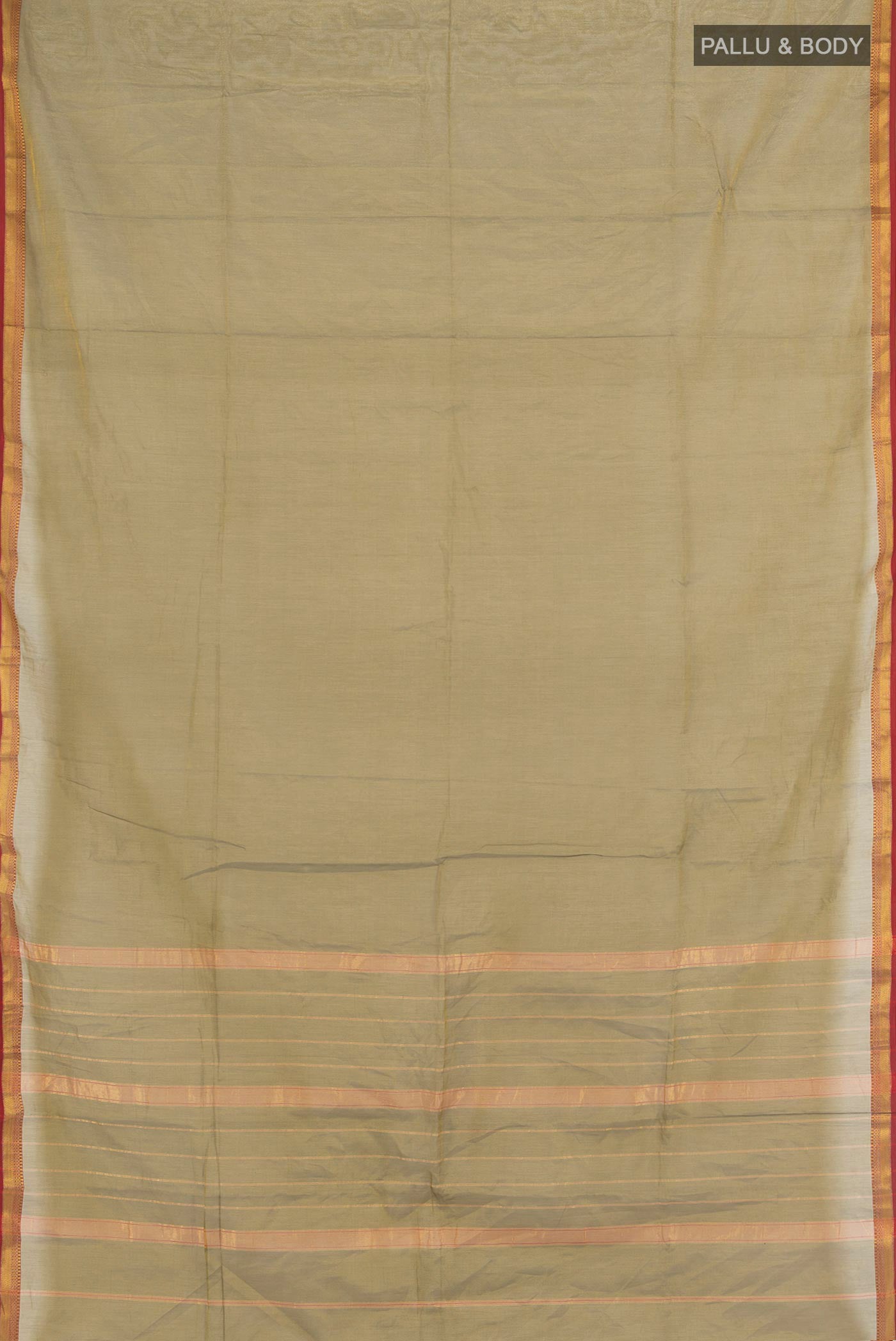 Flat view of Golden Maheshwari Silk Cotton Saree with Zari Butta on the body and Silk Border. 
