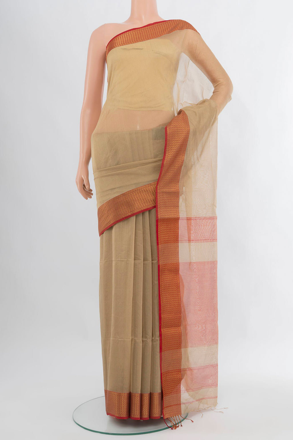 Dark Beige Maheshwari Silk Cotton Saree with Plain Body and Zari Border.  displayed on a mannequin