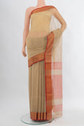 Dark Beige Maheshwari Silk Cotton Saree with Plain Body and Zari Border.  displayed on a mannequin