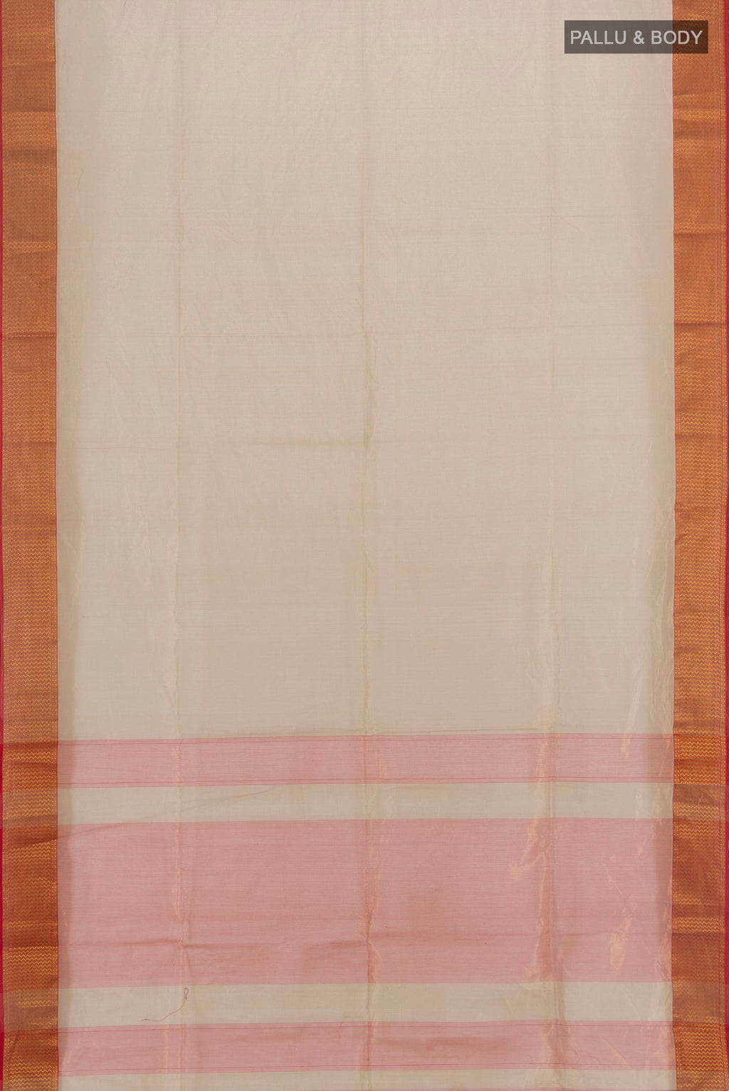 Flat view of Dark Beige Maheshwari Silk Cotton Saree with Plain Body and Zari Border. 