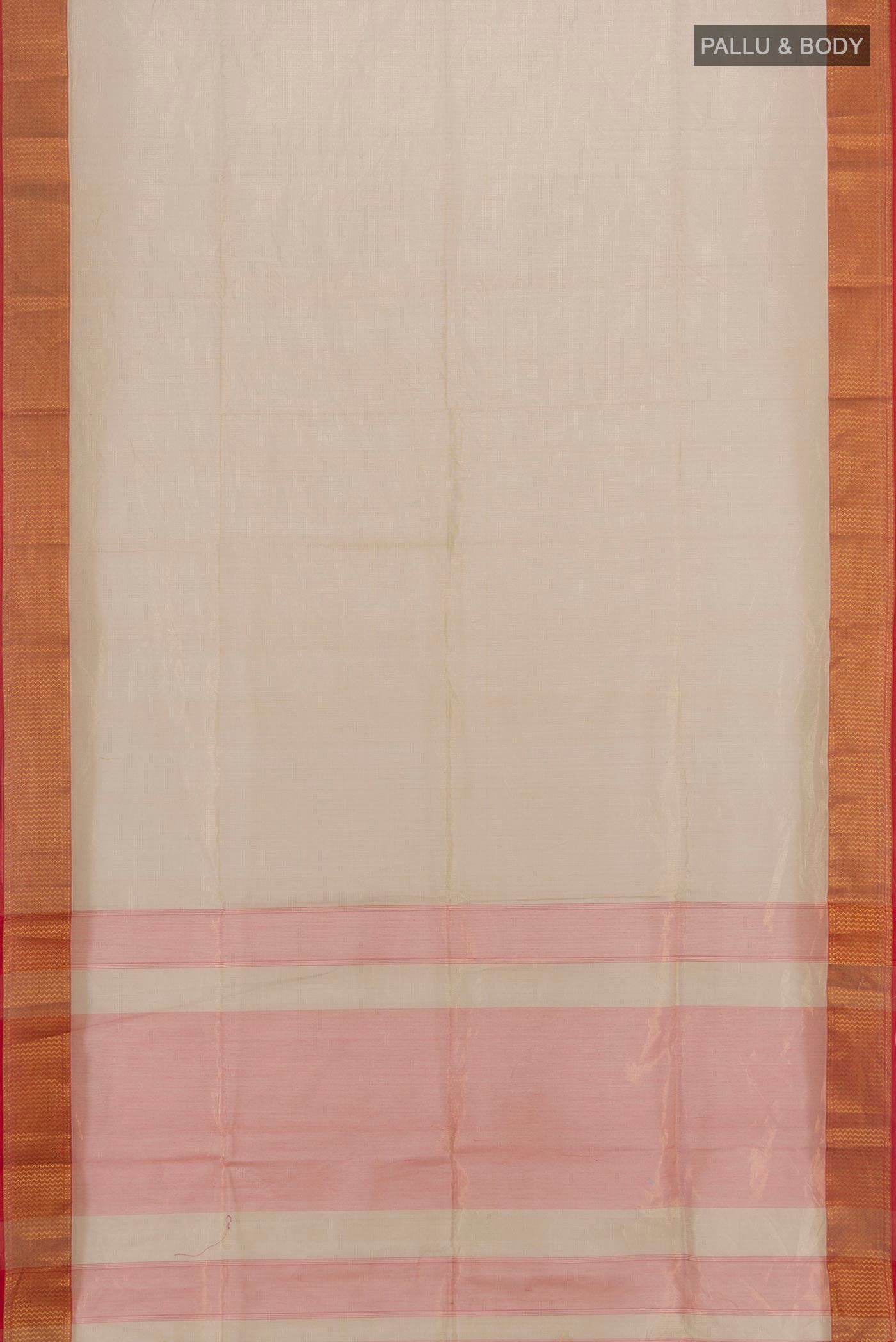 Flat view of Dark Beige Maheshwari Silk Cotton Saree with Plain Body and Zari Border. 