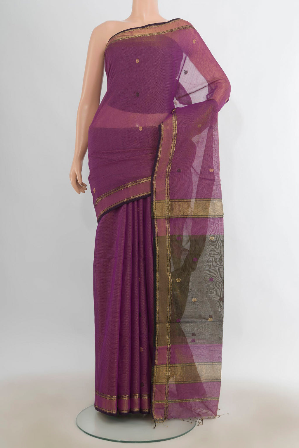 Light Magenta Maheshwari Cotton Saree with Zari And Thread Butta on the body and Zari Border.  displayed on a mannequin