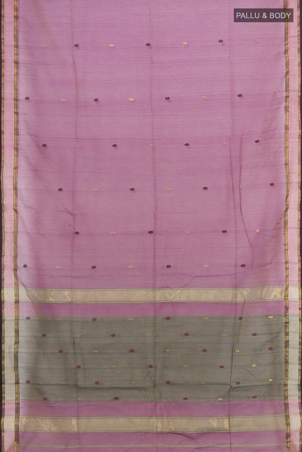 Flat view of Light Magenta Maheshwari Cotton Saree with Zari And Thread Butta on the body and Zari Border. 