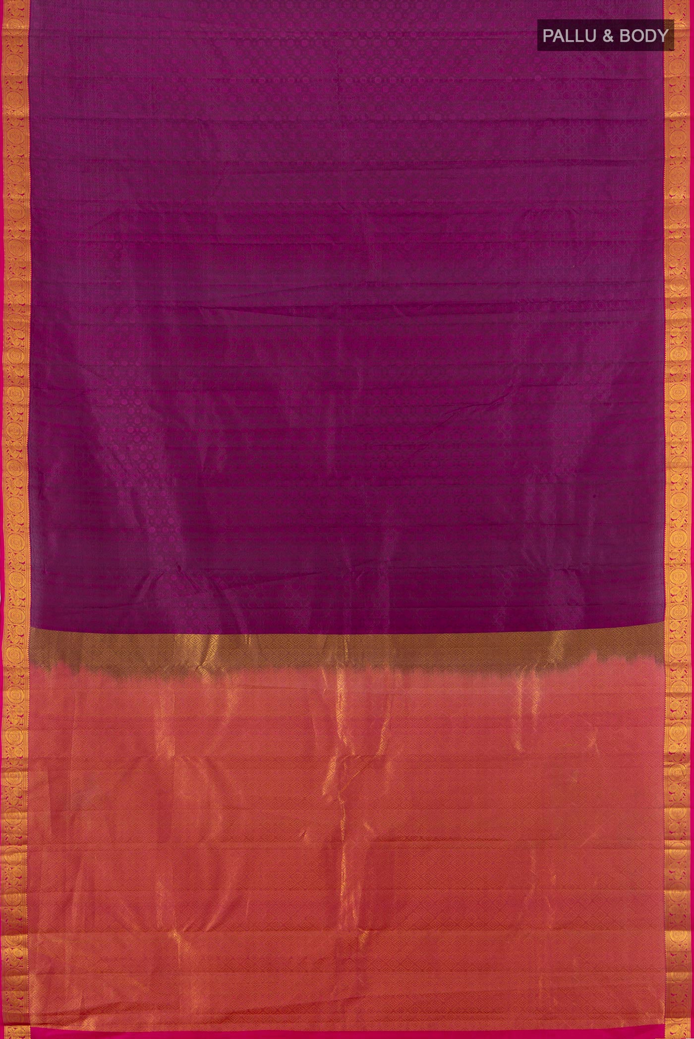 Flat view of Purple Kanjivaram Silk Saree with Jacquard design on the body and Zari Border. 