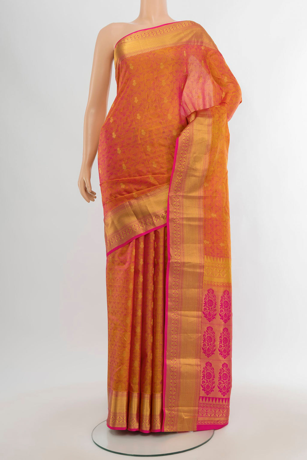 Mustard Dual Tone Kanchipuram Silk Saree with Jacquard With Zari Butta on the body and Zari Border.  displayed on a mannequin