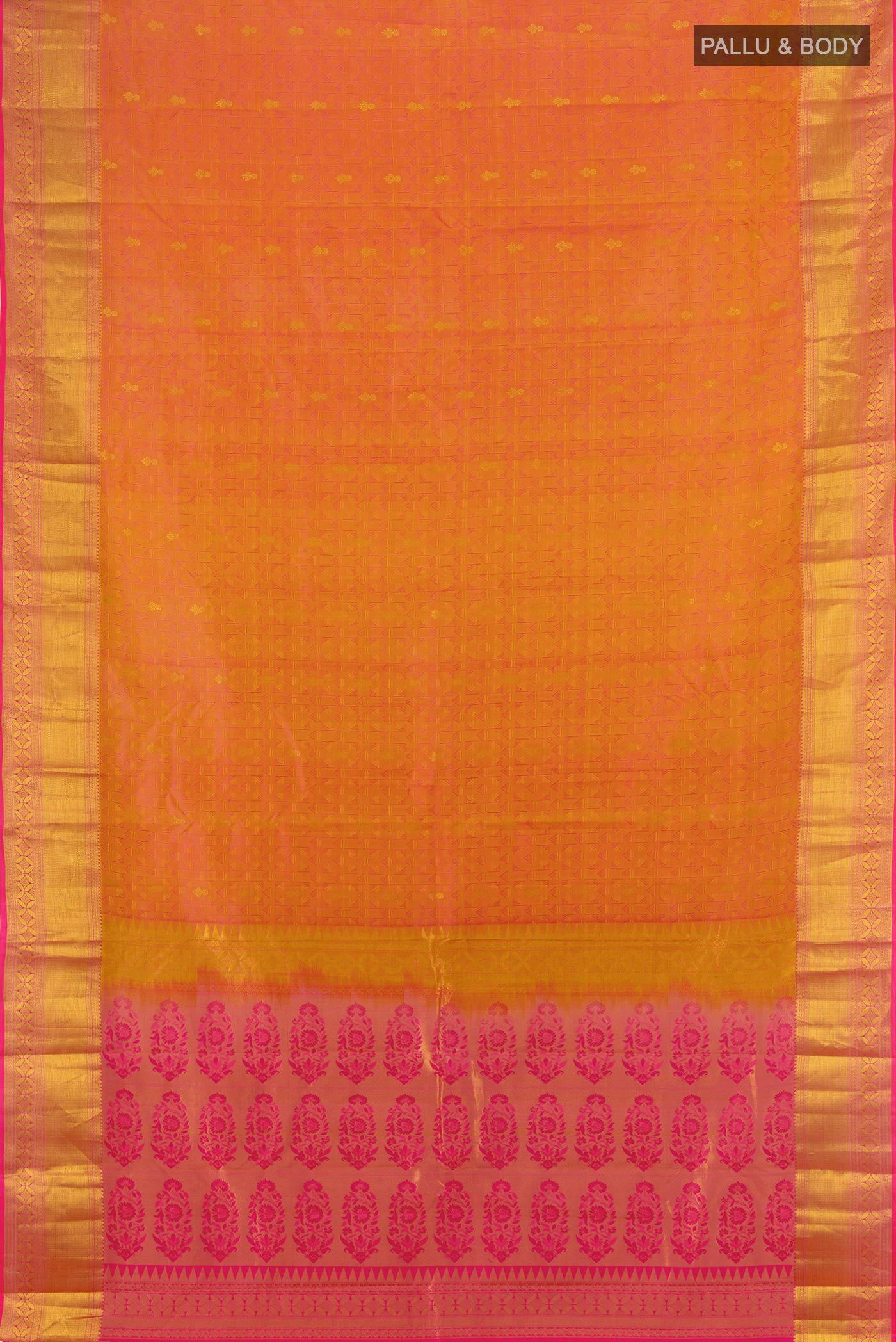 Flat view of Mustard Dual Tone Kanchipuram Silk Saree with Jacquard With Zari Butta on the body and Zari Border. 