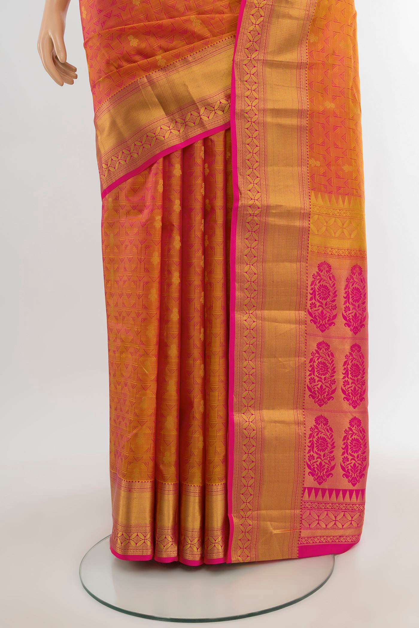 Pleats and pallu of Mustard Dual Tone Kanchipuram Silk Saree with Jacquard With Zari Butta on the body and Zari Border. 