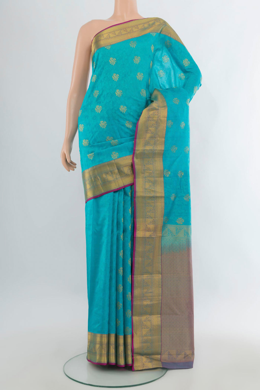 Pure Silk Light Blue Kanchipuram Saree with Jacquard With Zari Butta on the body and Zari Border.  displayed on a mannequin