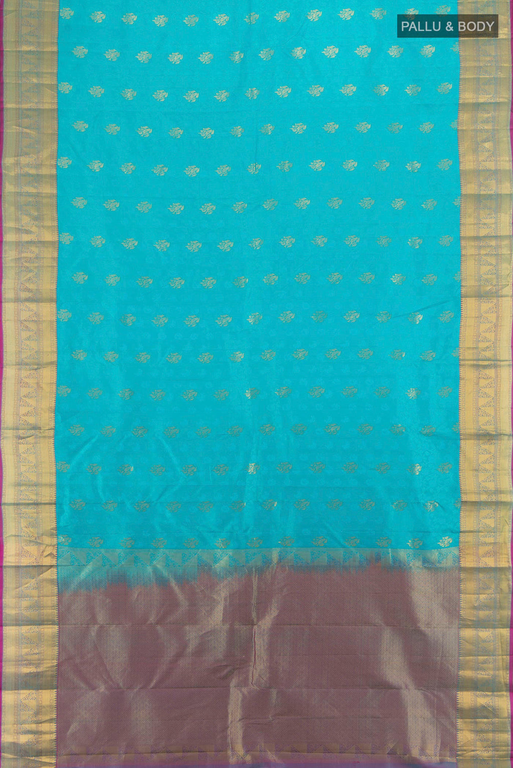 Flat view of Pure Silk Light Blue Kanchipuram Saree with Jacquard With Zari Butta on the body and Zari Border. 