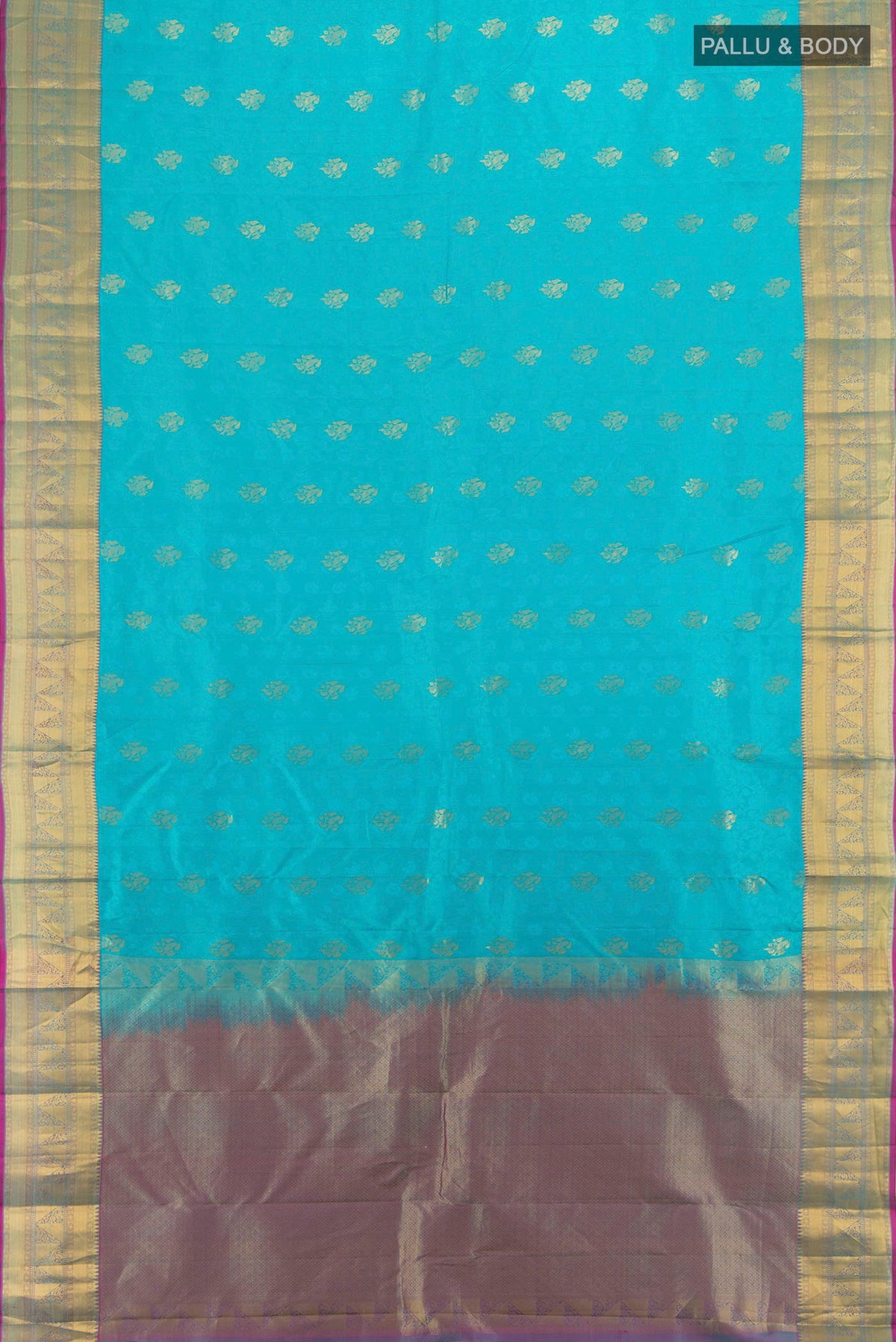 Flat view of Pure Silk Light Blue Kanchipuram Saree with Jacquard With Zari Butta on the body and Zari Border. 