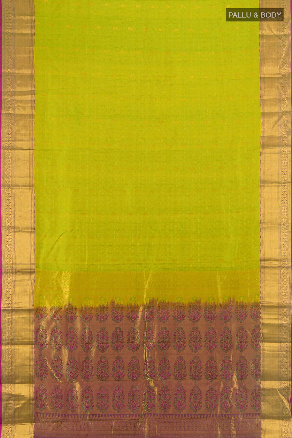 Flat view of Pure Silk Parrot Green Kanchipuram Saree with Jacquard With Zari Butta on the body and Zari Border. 