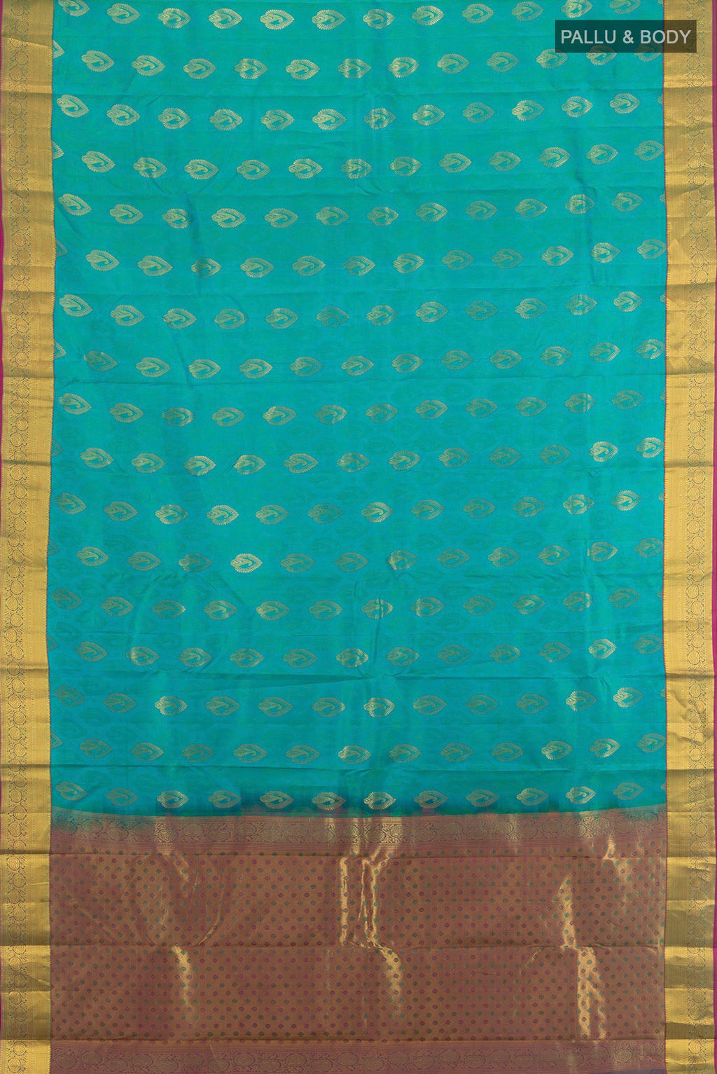Flat view of Pure Silk Turquoise Kanchipuram Saree with Jacquard With Zari Butta on the body and Zari Border. 