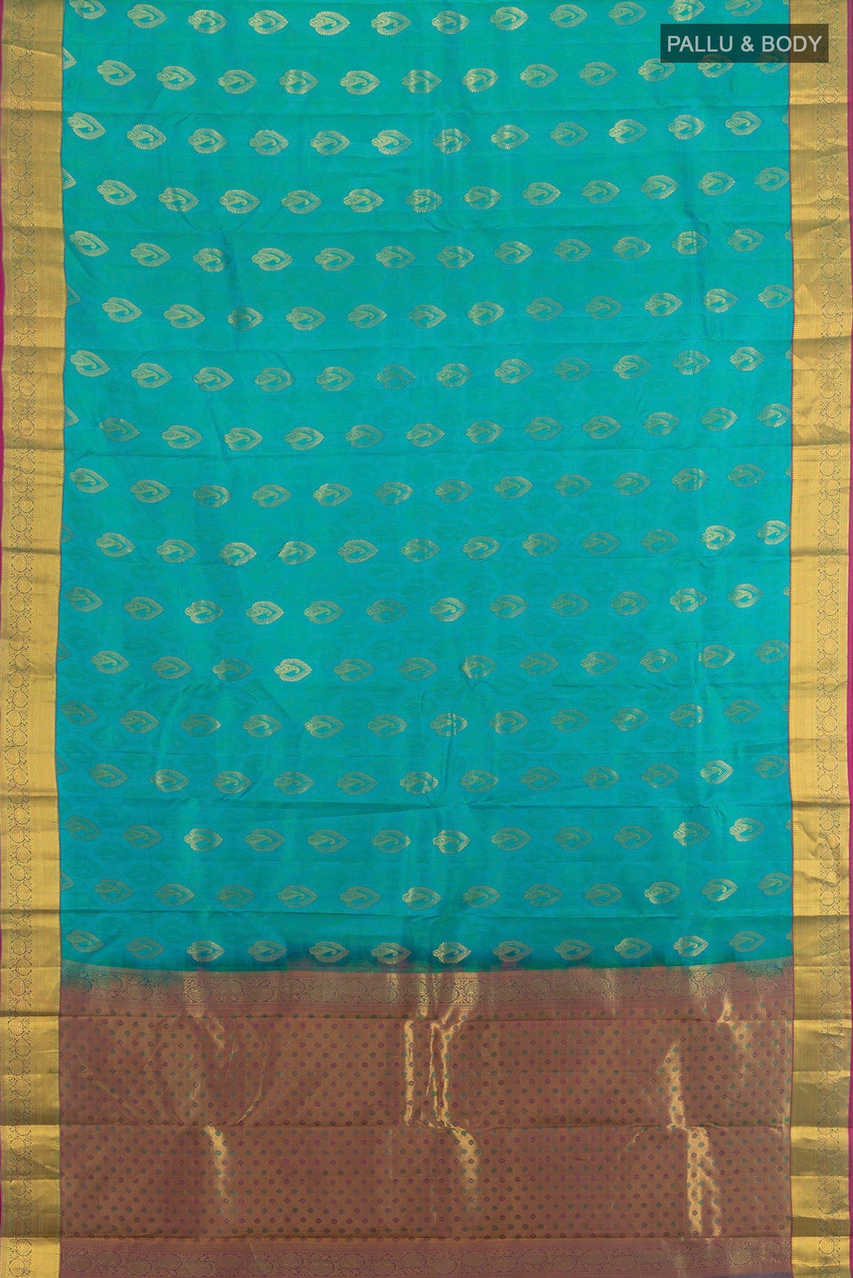 Flat view of Pure Silk Turquoise Kanchipuram Saree with Jacquard With Zari Butta on the body and Zari Border. 