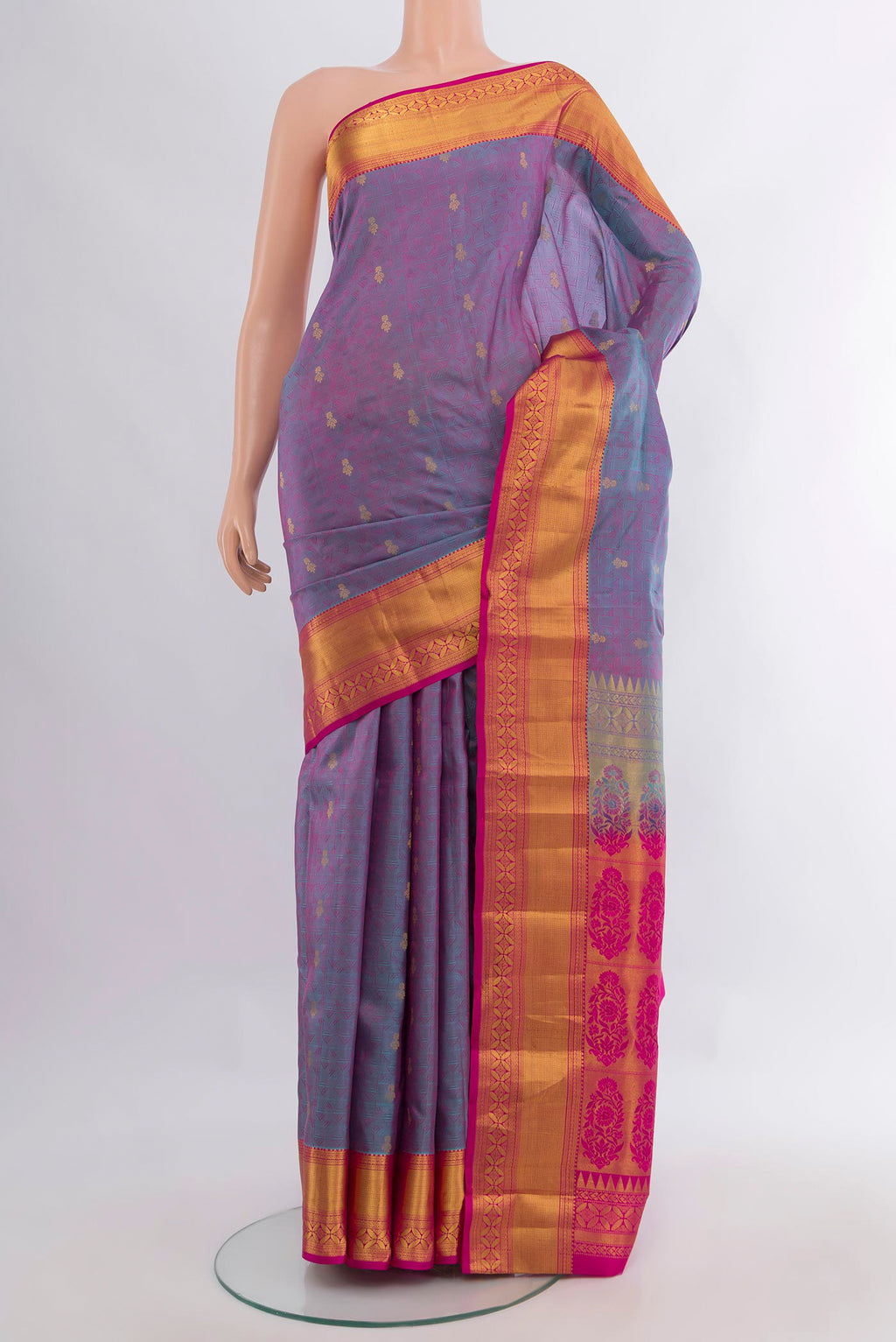 Pure Silk Lavender Kanchipuram Saree with Jacquard With Zari Butta on the body and Zari Border.  displayed on a mannequin