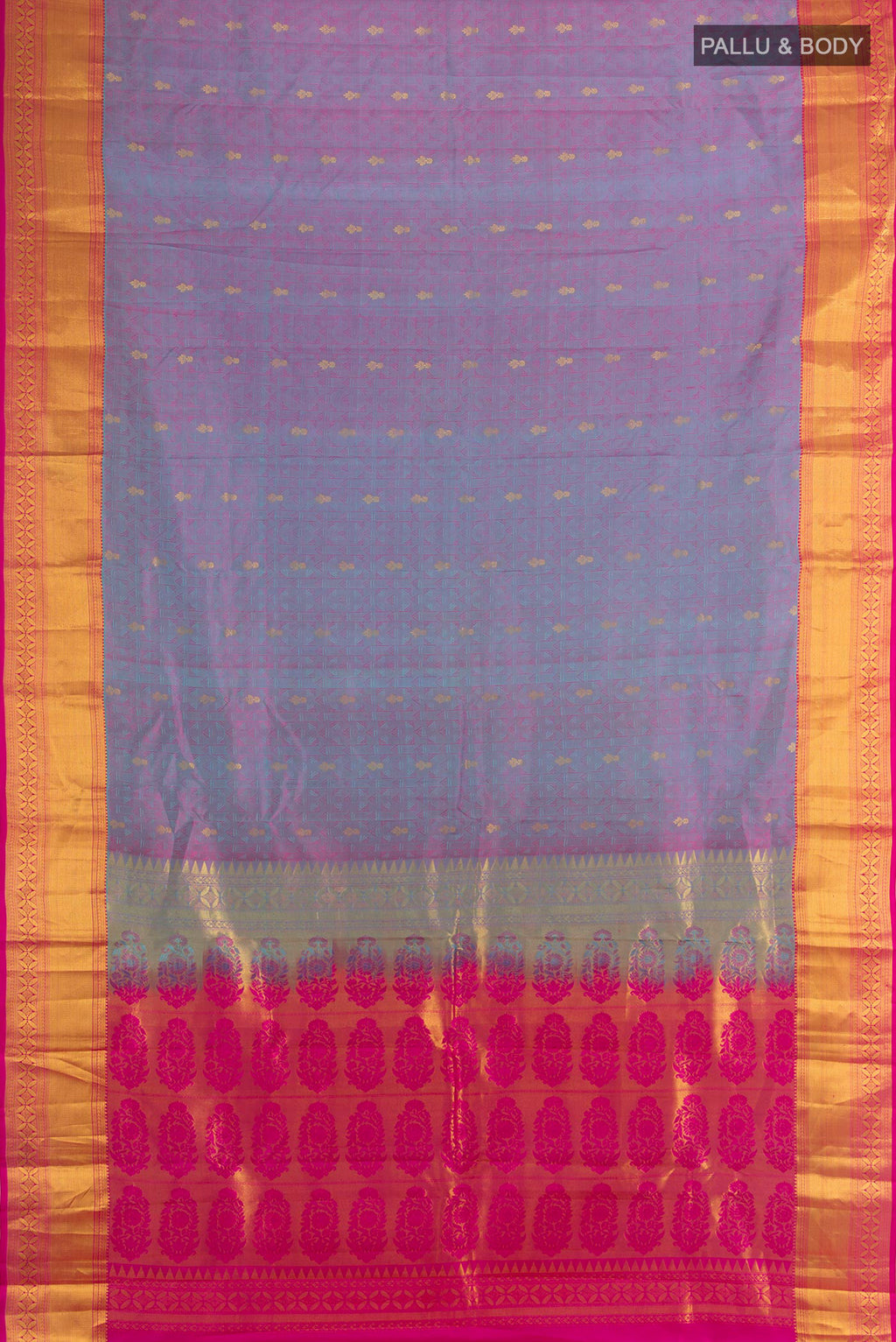 Flat view of Pure Silk Lavender Kanchipuram Saree with Jacquard With Zari Butta on the body and Zari Border. 