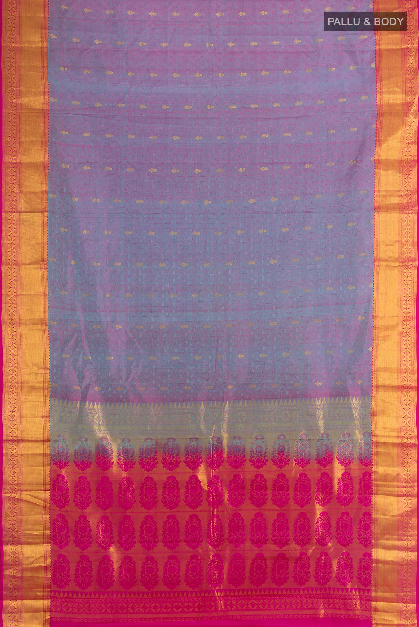 Flat view of Pure Silk Lavender Kanchipuram Saree with Jacquard With Zari Butta on the body and Zari Border. 