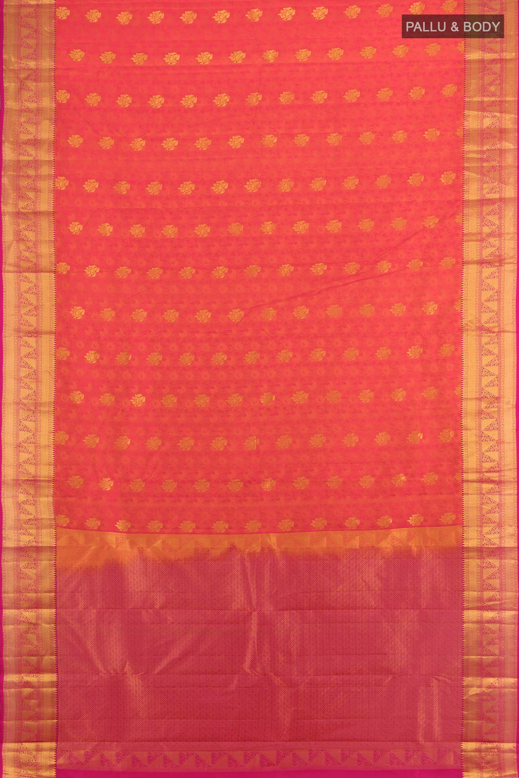 Flat view of Pinkish Yellow Kanchipuram Silk Saree with Jacquard With Zari Butta on the body and Zari Border. 