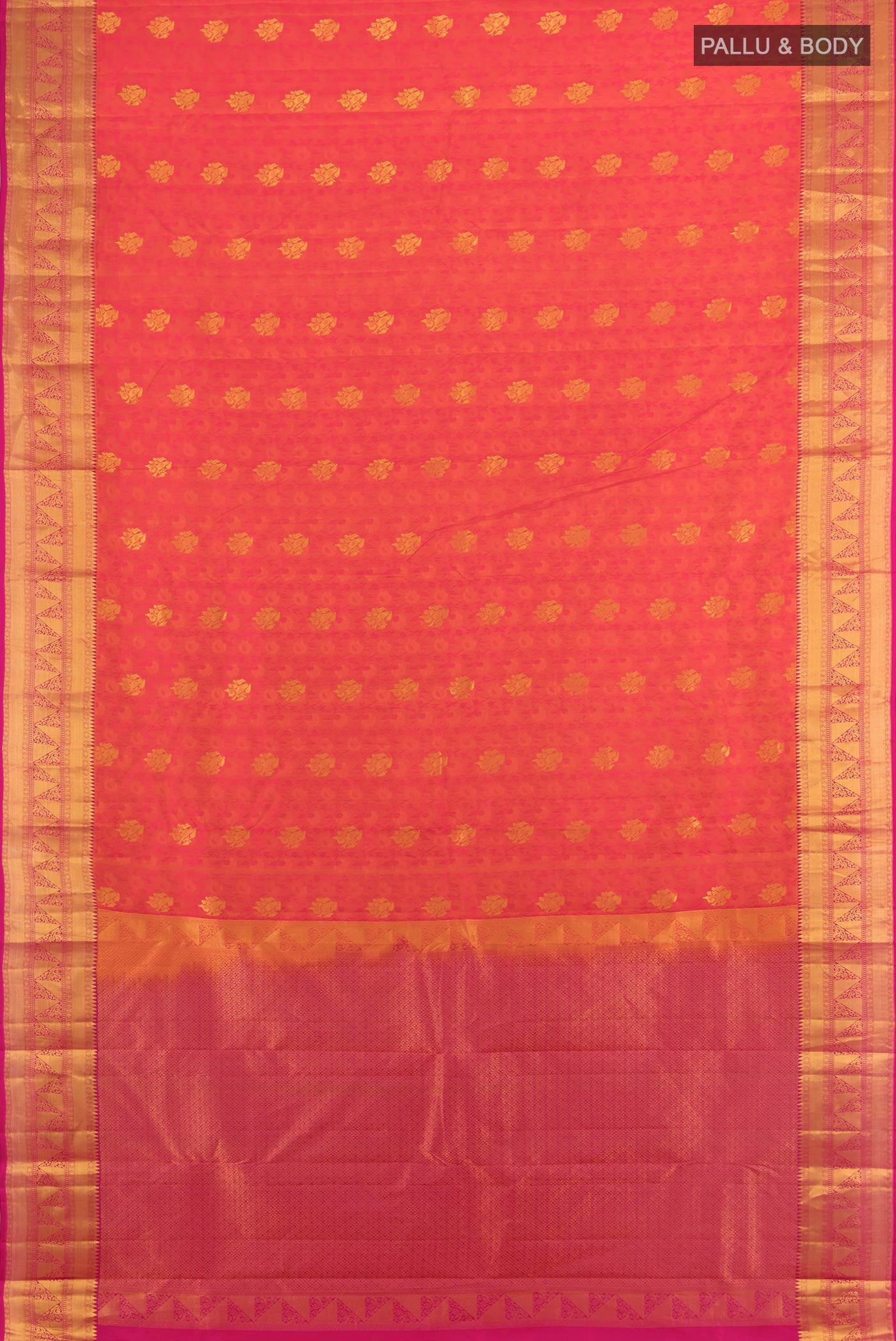 Flat view of Pinkish Yellow Kanchipuram Silk Saree with Jacquard With Zari Butta on the body and Zari Border. 