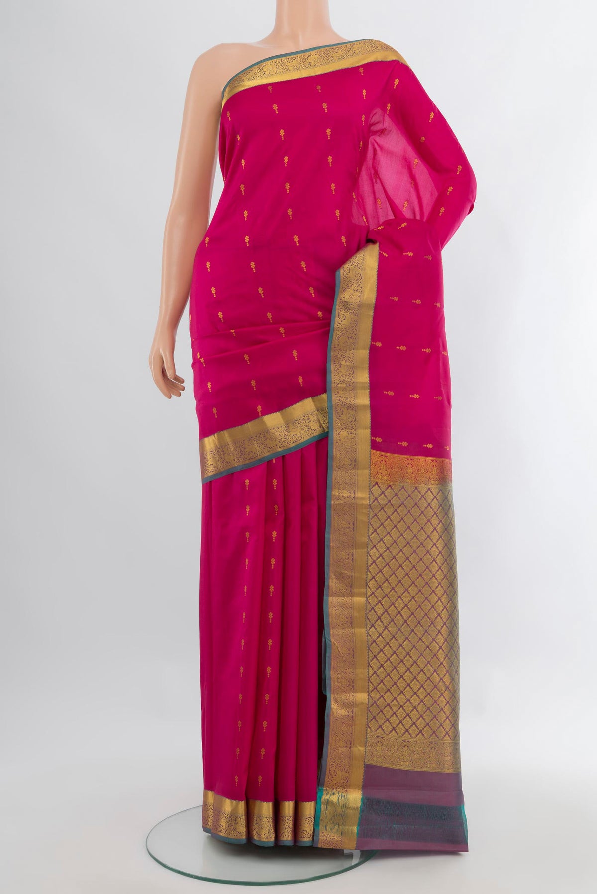 Dark Pink Kanjivaram Silk Saree with Zari Butta on the body and Zari Border.  displayed on a mannequin