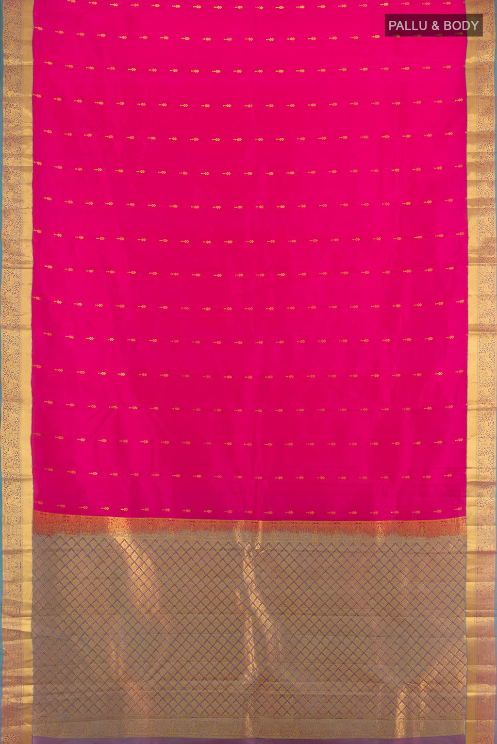 Flat view of Dark Pink Kanjivaram Silk Saree with Zari Butta on the body and Zari Border. 