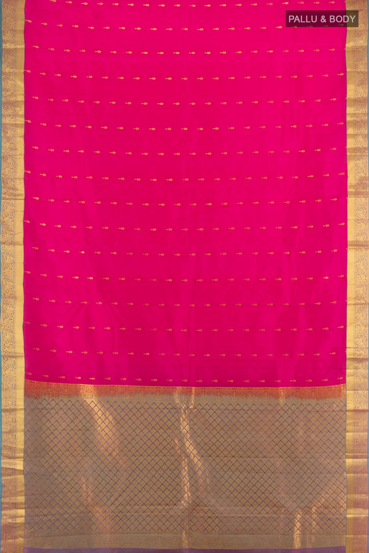 Flat view of Dark Pink Kanjivaram Silk Saree with Zari Butta on the body and Zari Border. 