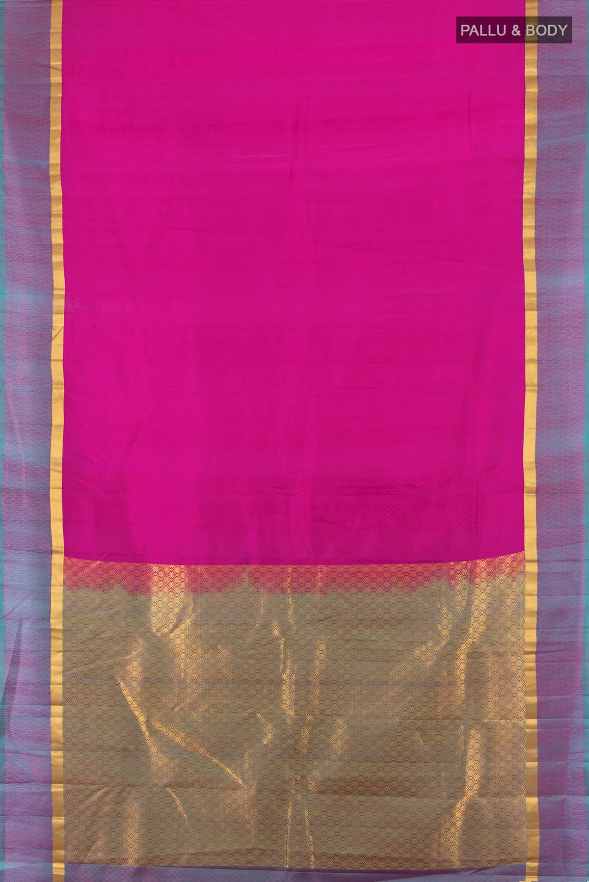 Flat view of Pure Silk Pink Kanjivaram Saree with Jacquard design on the body and Zari Border. 