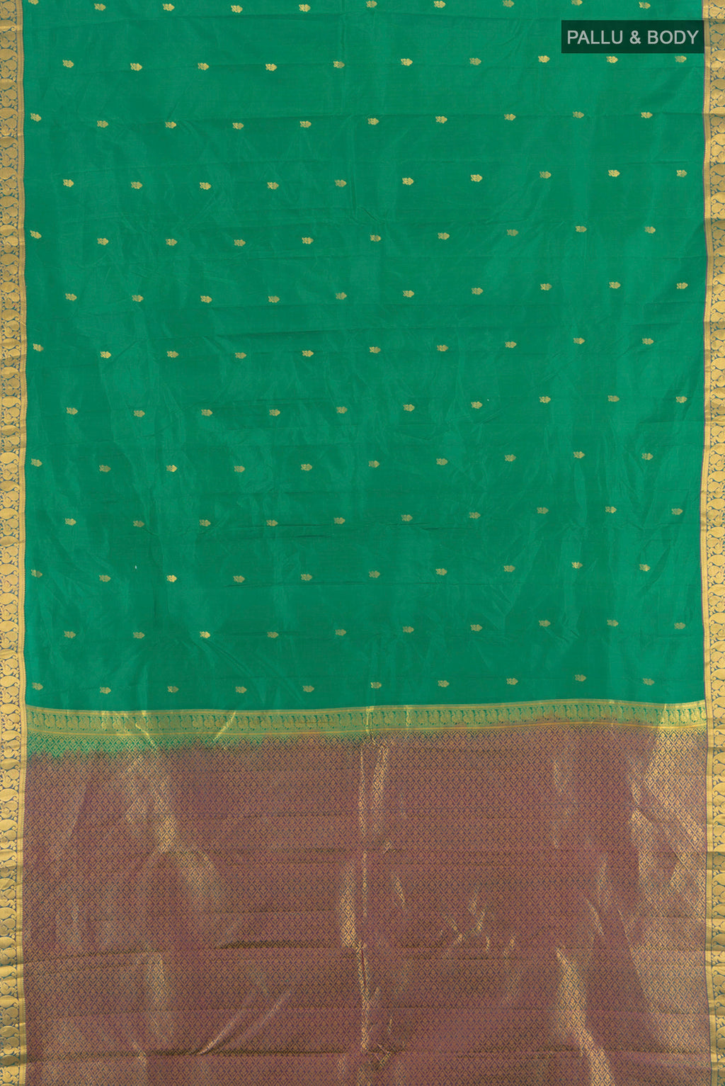 Flat view of Green Kanjivaram Silk Saree with Zari Butta on the body and Zari Border. 
