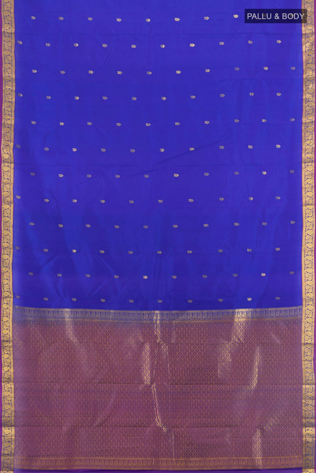 Flat view of Pure Silk Royal Blue Kanjivaram Saree with Zari Butta on the body and Zari Border. 