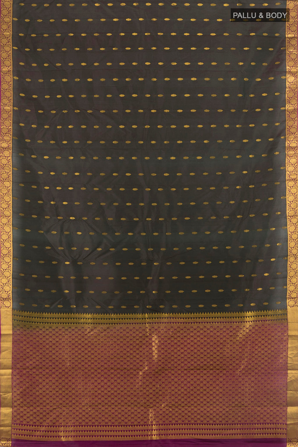 Flat view of Pure Silk Bottle Green Kanjivaram Saree with Zari Butta on the body and Zari Border. 
