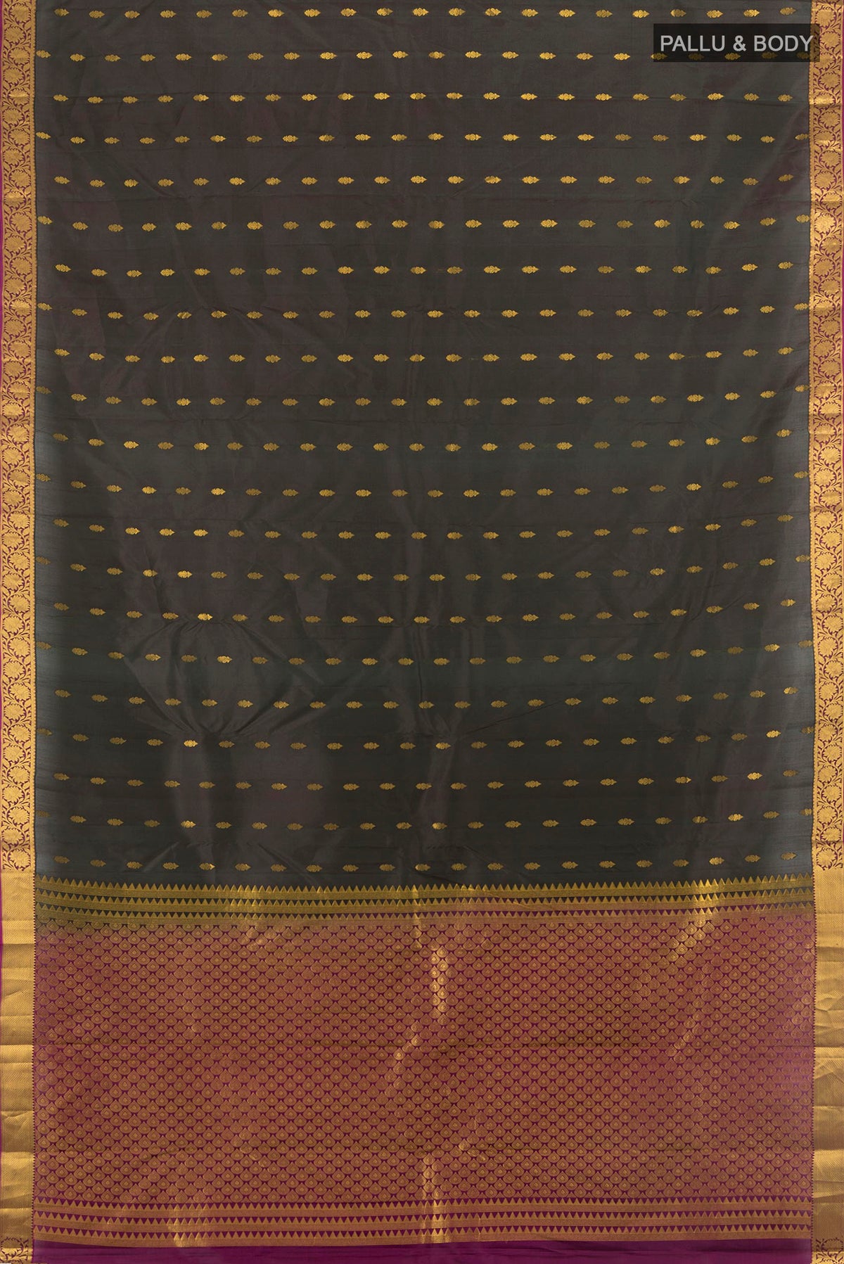Flat view of Pure Silk Bottle Green Kanjivaram Saree with Zari Butta on the body and Zari Border. 