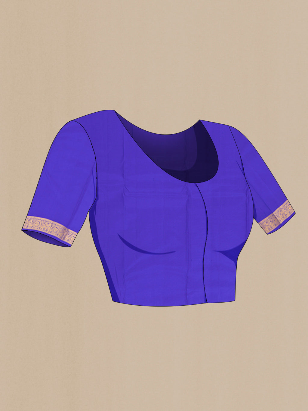 Close up image of the blouse of Royal Blue Kanchipuram Silk Saree with Zari Butta on the body and Zari Border. 