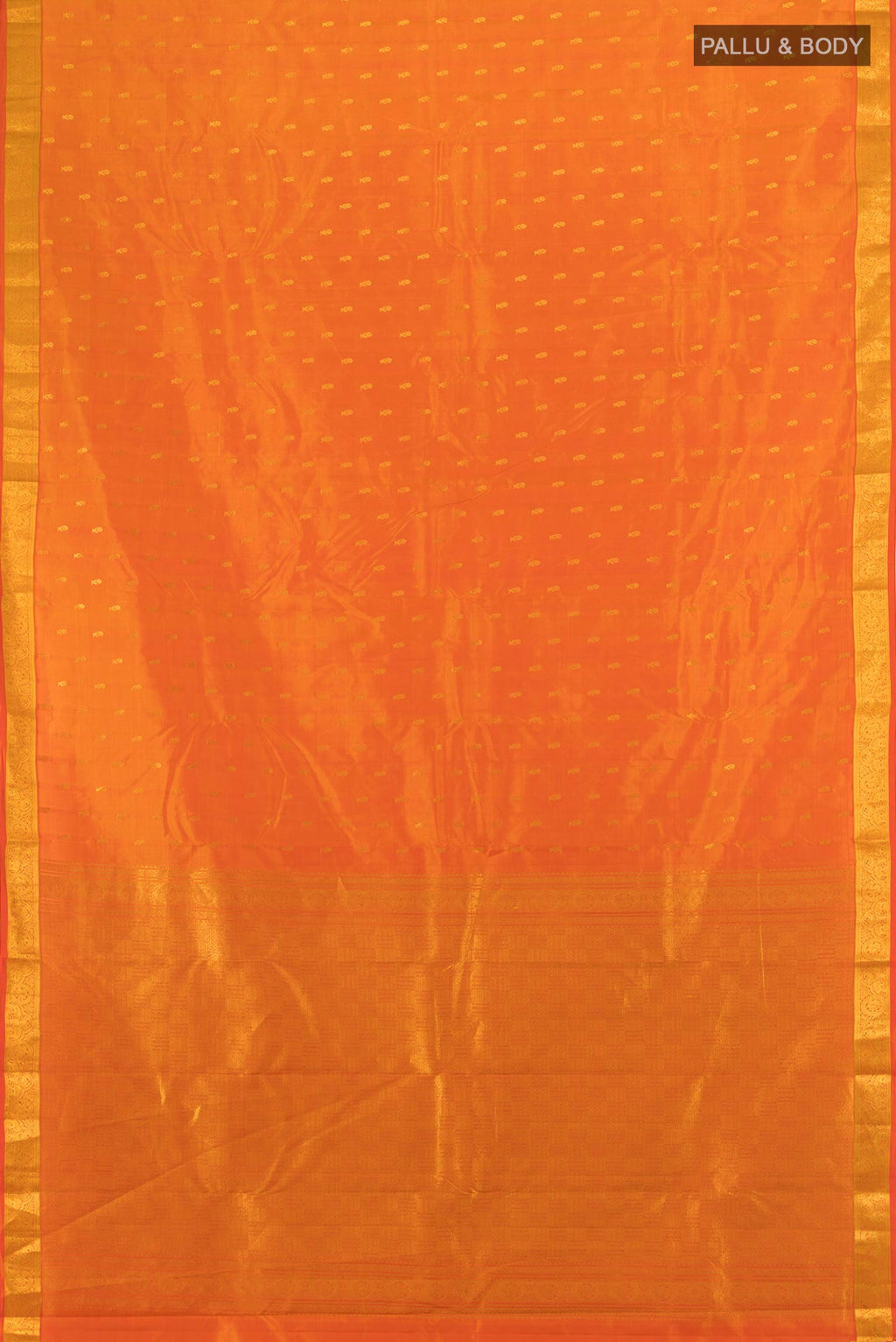 Flat view of Yellow Kanchipuram Silk Saree with Zari Butta on the body and Zari Border. 