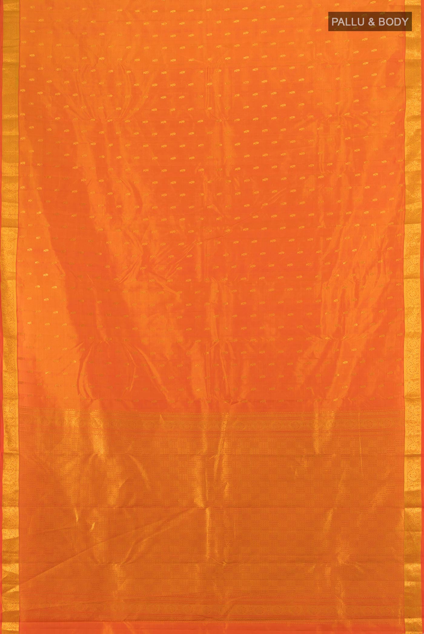 Flat view of Yellow Kanchipuram Silk Saree with Zari Butta on the body and Zari Border. 