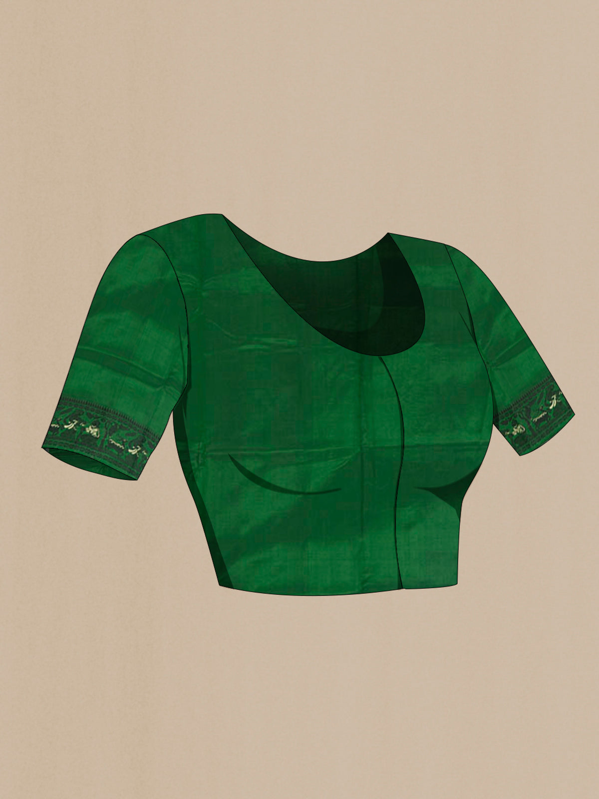 Close up image of the blouse of Pure Silk Green Baluchari Saree with Thread Butta on the body and Thread Border. 