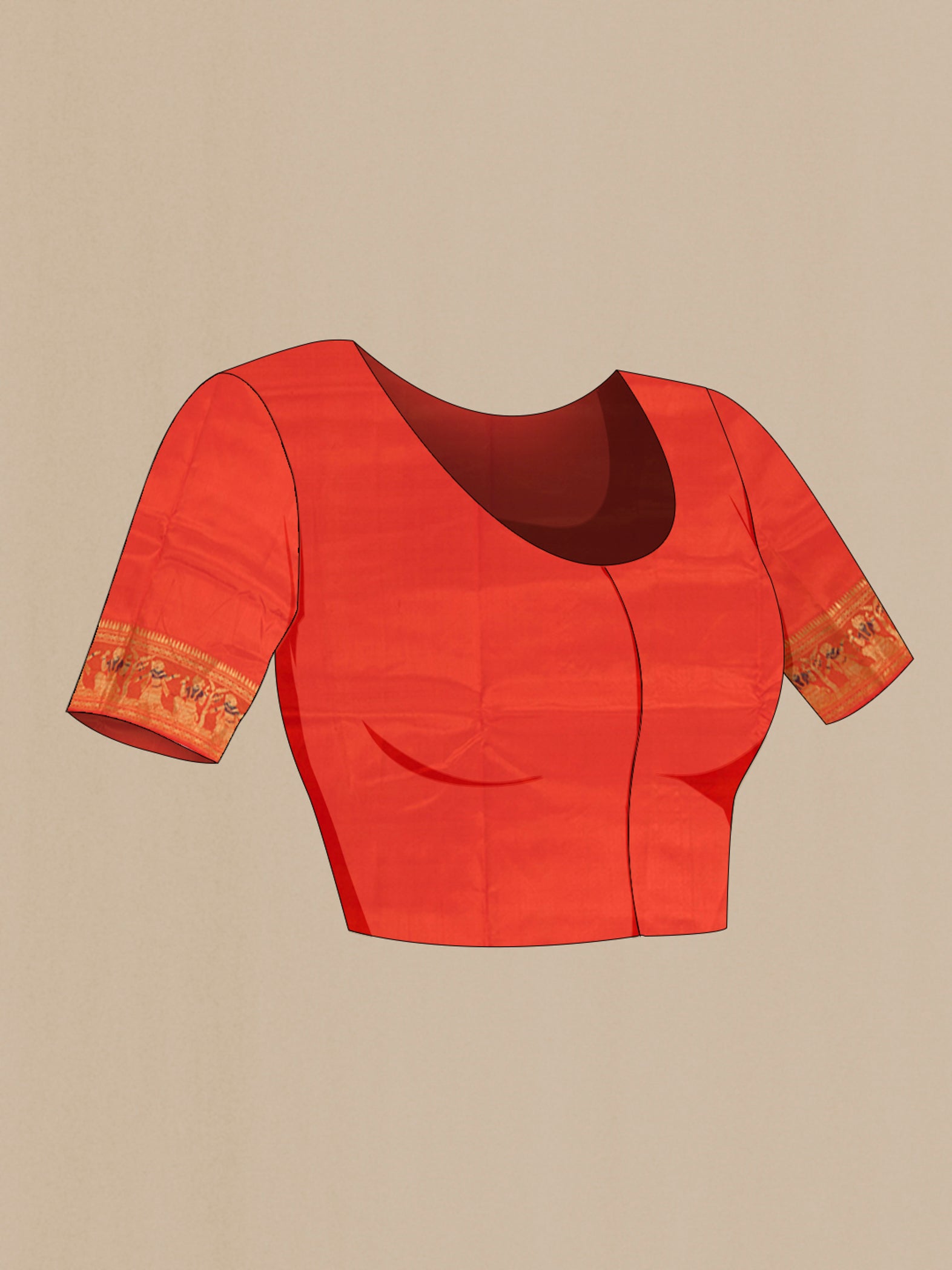 Close up image of the blouse of Orange Baluchari Silk Saree with Zari And Thread Butta on the body and Zari Border. 