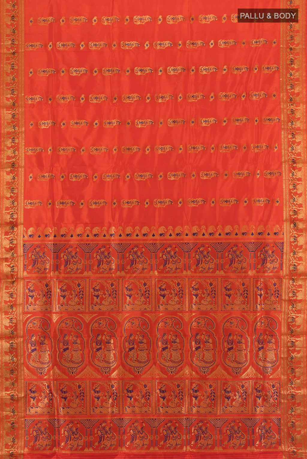Flat view of Orange Baluchari Silk Saree with Zari And Thread Butta on the body and Zari Border. 
