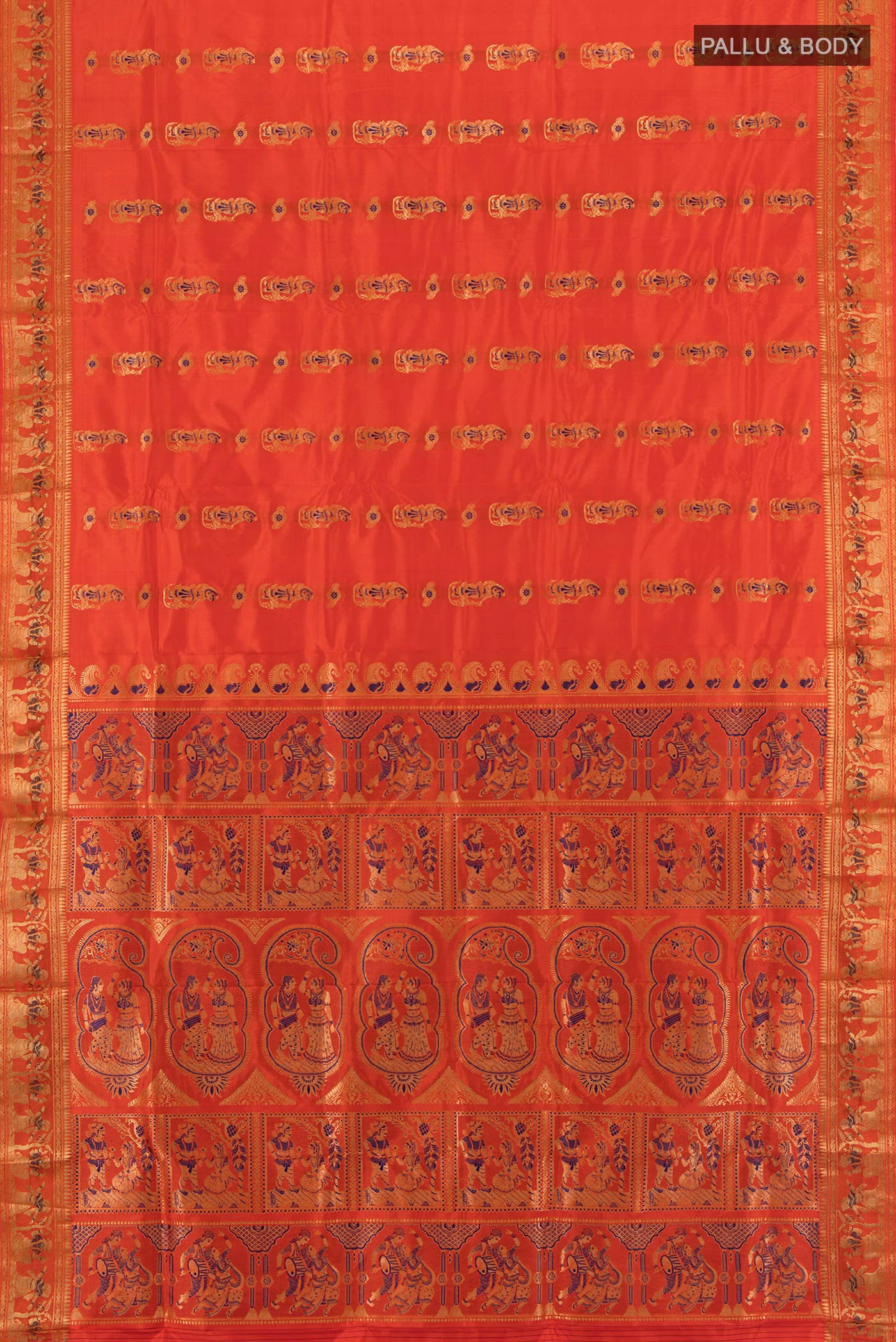 Flat view of Orange Baluchari Silk Saree with Zari And Thread Butta on the body and Zari Border. 
